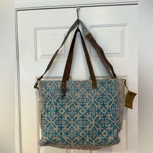 Clea Ray Gray Blue Pattern Canvas Leather Handle Tote Bag W/ Removable Strap NWT